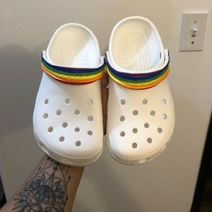 White & Rainbow crocs